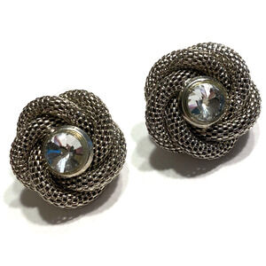 Vintage Y2K Pierced Earrings Silvertone Twisted Mesh & Clear Rhinestone Center
